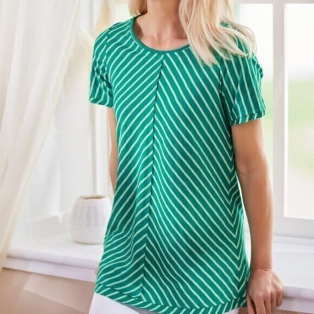 Soft Surroundings NWT Indra Stripe Tee Size Petite Medium Green Stripe Raw Edges